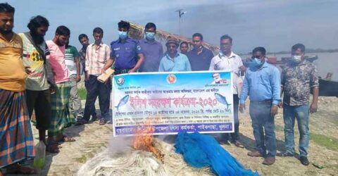 পাইকগাছায় ইলিশ সংরক্ষণ অভিযানে বিপুল পরিমান জাল জব্দ
