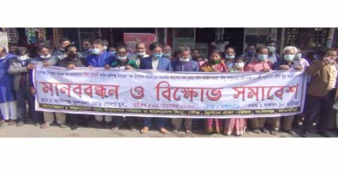 কালীগঞ্জে পূজা উদযাপন পরিষদের সভাপতিকে কটুক্তির প্রতিবাদে মানববন্ধন