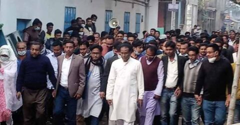 বঙ্গবন্ধুর ভাষ্কর্ষ ভাংচুরের প্রতিবাদে পাটকেলঘাটায় যুবলীগের বিক্ষোভ মিছিল ও সমাবেশ